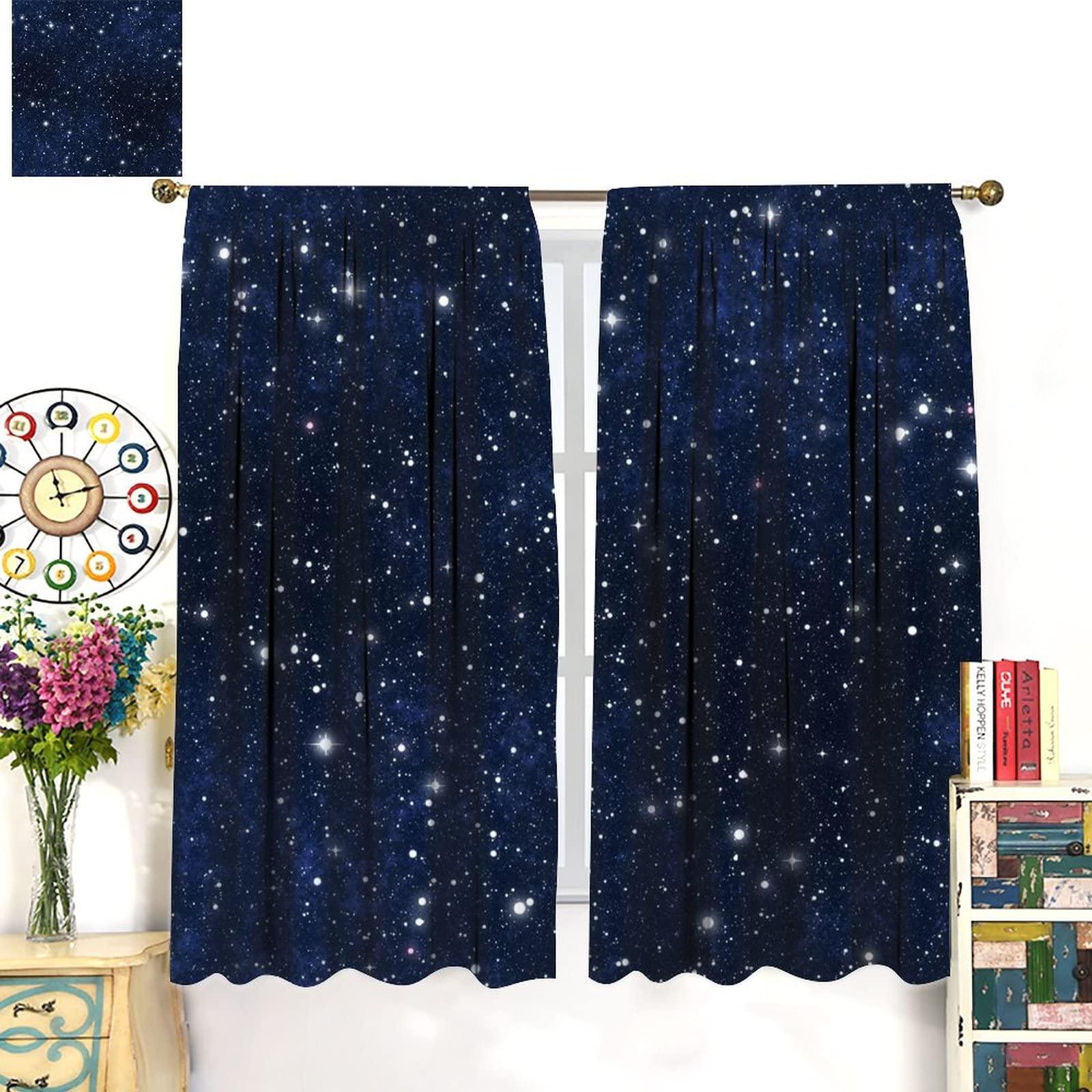 BAEKJIN Night Sky Space Curtains Dark Blue Universe Galaxy Nebula Stars Printed Art Rod Pocket Blackout Window Drapes 2 Panels Set for Bedroom Living Room Decor 42x63in