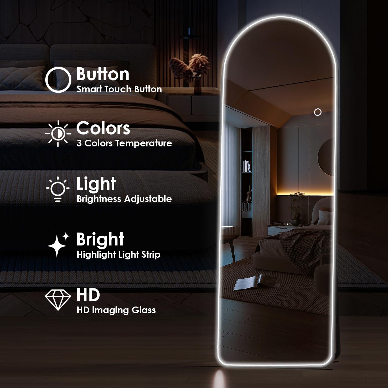 Maistech Maistech LED Full Length Mirror with lights Arch Design, 71"x28" LED Full Body Mirror with Stands, Full Length Mirror Wall Mounted for Bedroom, HD Material, Dimming & 3 Color Lighting (Brushed Silver)