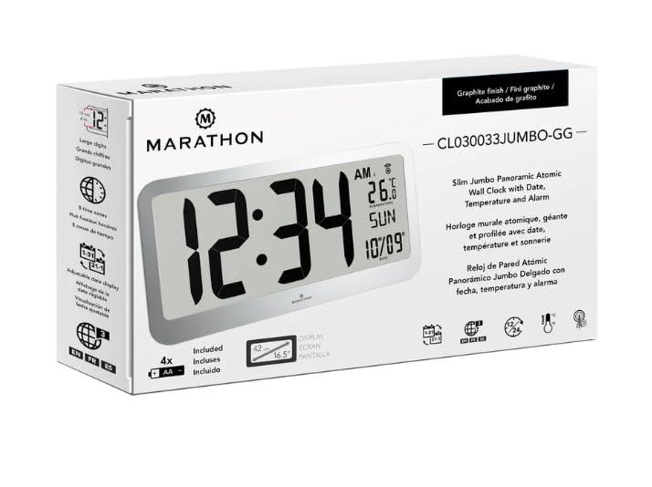 MARATHON Marathon Slim Jumbo Panoramic Atomic Wall Clock with Date and Indoor Temperature. Commercial Grade with Big 6-Inch Numbers, Alarm and Table Stand. Batteries Included (Graphite Grey)