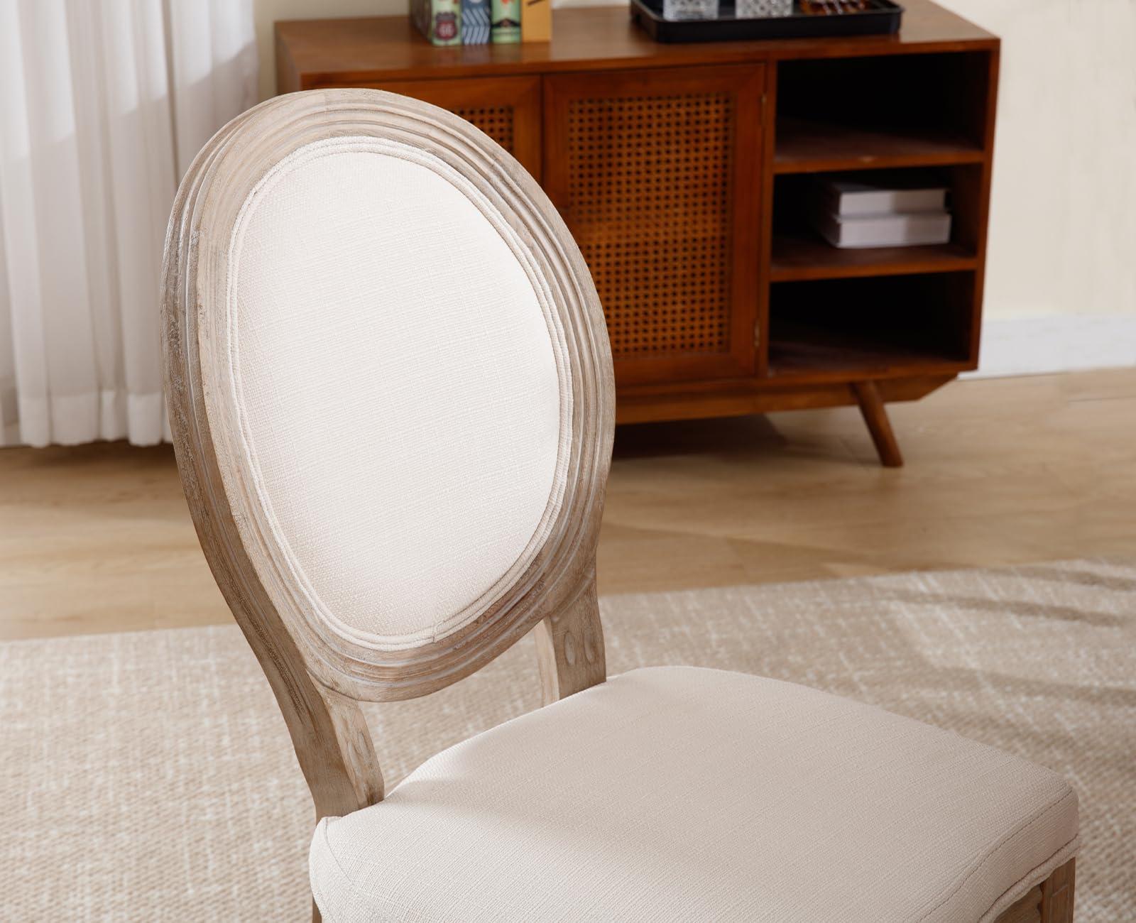 chairus chairus Farmhouse Dining Chairs Set of 4, French Country Dining Room Chairs Vintage Fabric Upholstered Chair with Round Back Dark Wood Legs, Beige 4 PCS