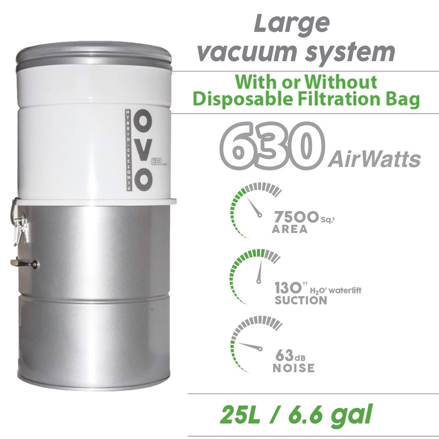 OVO OVO Large and Powerful Central Vacuum System, 630 AWHybrid Filtration (With or Without disposable bags), Covers up to 7500 sq.ft, 6,6 Gal / 25L Bottom load Rolled Steel Canister