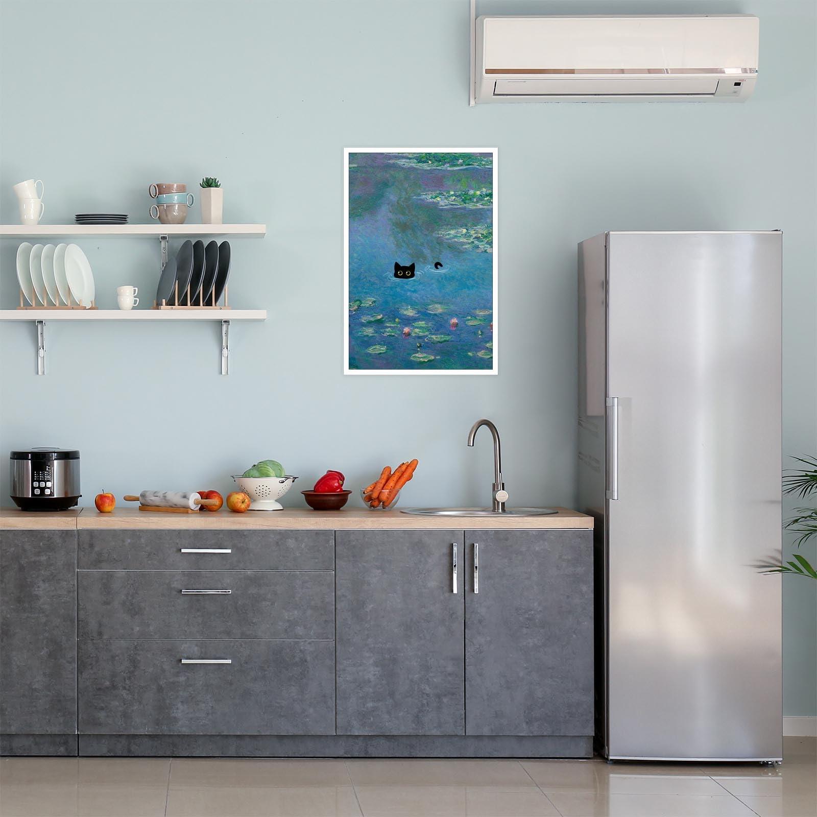 YODOOLTLY YODOOLTLY Retro Canvas Monet Waterlily Cat Print Posters Funny Water Lillies Black Cat Prints Painting Eclectic Cute Preppy Aesthetic Room Decor For Bedroom Bathroom 16x24in Unframed