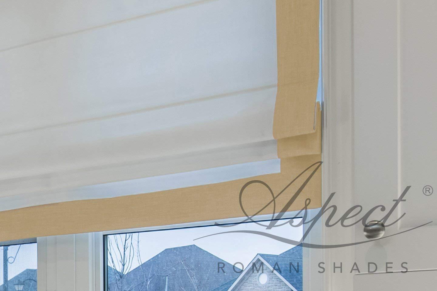 LOGANOVA Shades LOGANOVA Flat Roman Shade Chevalle Maize. White background with cream yellow border on three sides and chain mechanism. Custom made.