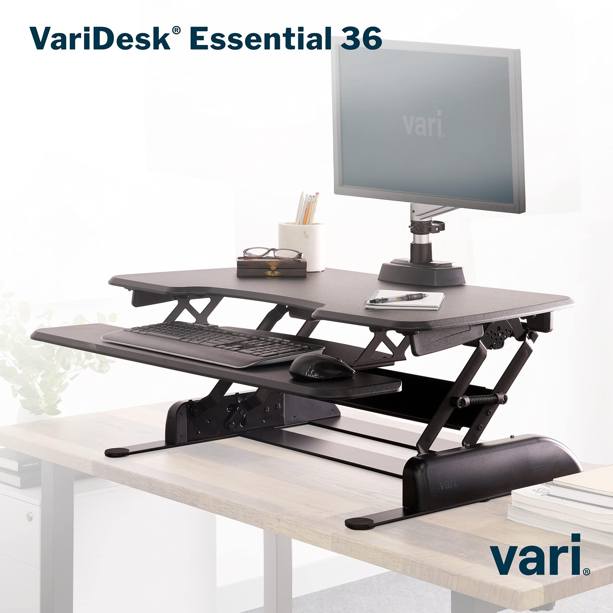 Vari Vari - VariDesk Essential 36 - Two-Tier Standing Desk Converter for Monitor & Accessories - Height Adjustable Sit Stand Desk - Fully Assembled Monitor Riser for Home Office - 36\" Wide, Black
