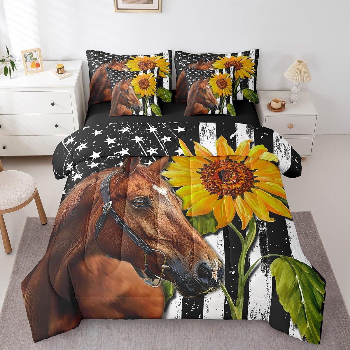 Erosebridal Erosebridal Horse Bed in a Bag King Size Comforter Set 7 Pieces,American Flag Bedding Sets Sunflower Western Animals Sheet Set with Comforter