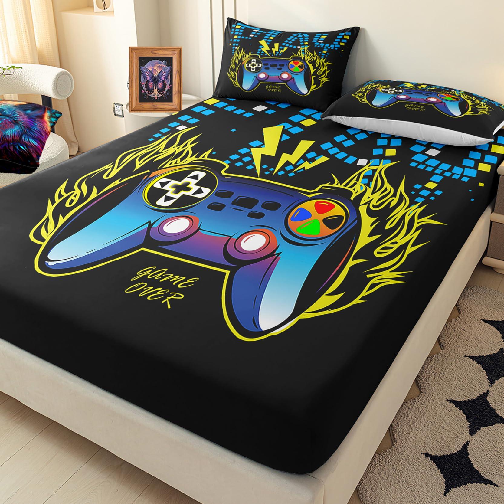 kodhyvj kodhyvj Gamepad Fitted Sheet Queen Size - Gaming Bedding Sets for Boys Bedroom Gamer Twin Sheet Set Kids Video Game Controller Fitted Bed Sheet with 1 Flat Sheet, 1 Fitted Sheet, 2 Pillowcases