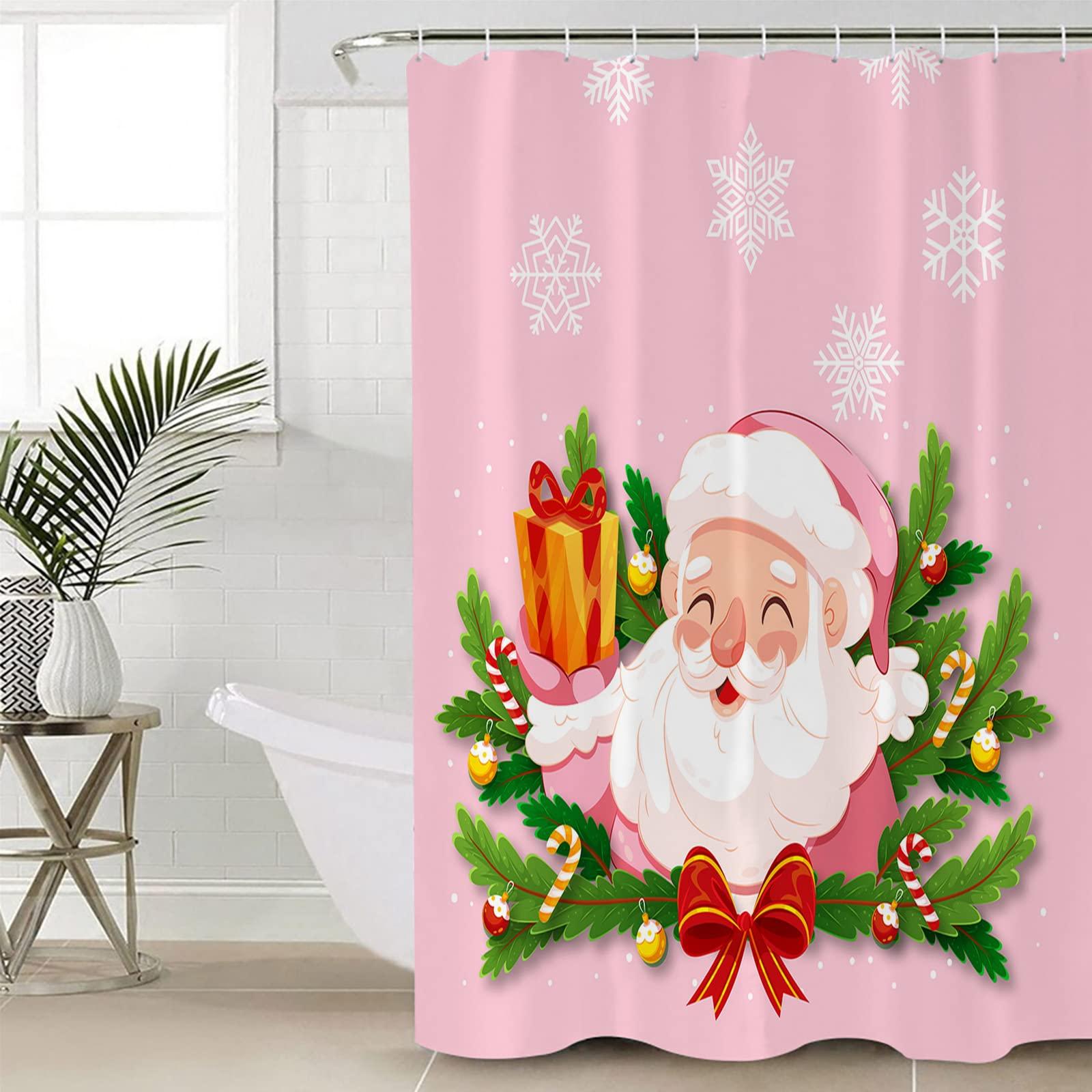 TocaHome TocaHome Waterproof Shower Curtain Set for Bathroom with Hooks, Christmas Santa Claus Pine Needles Snowflakes Pink Polyester Fabric Shower Curtains Sets Machine Washable Bath Curtain 72\"x96\"