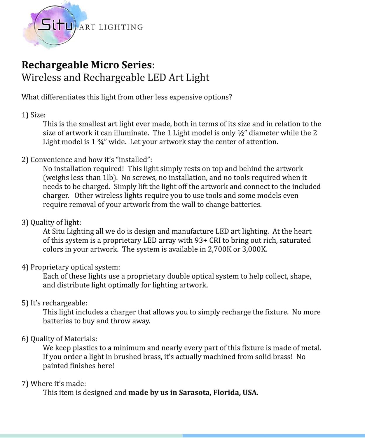 Situ Art Lighting Situ Lighting: Cordless and Rechargeable LED Art and Picture Light - Rechargeable Micro Series - 3000K - USA Made