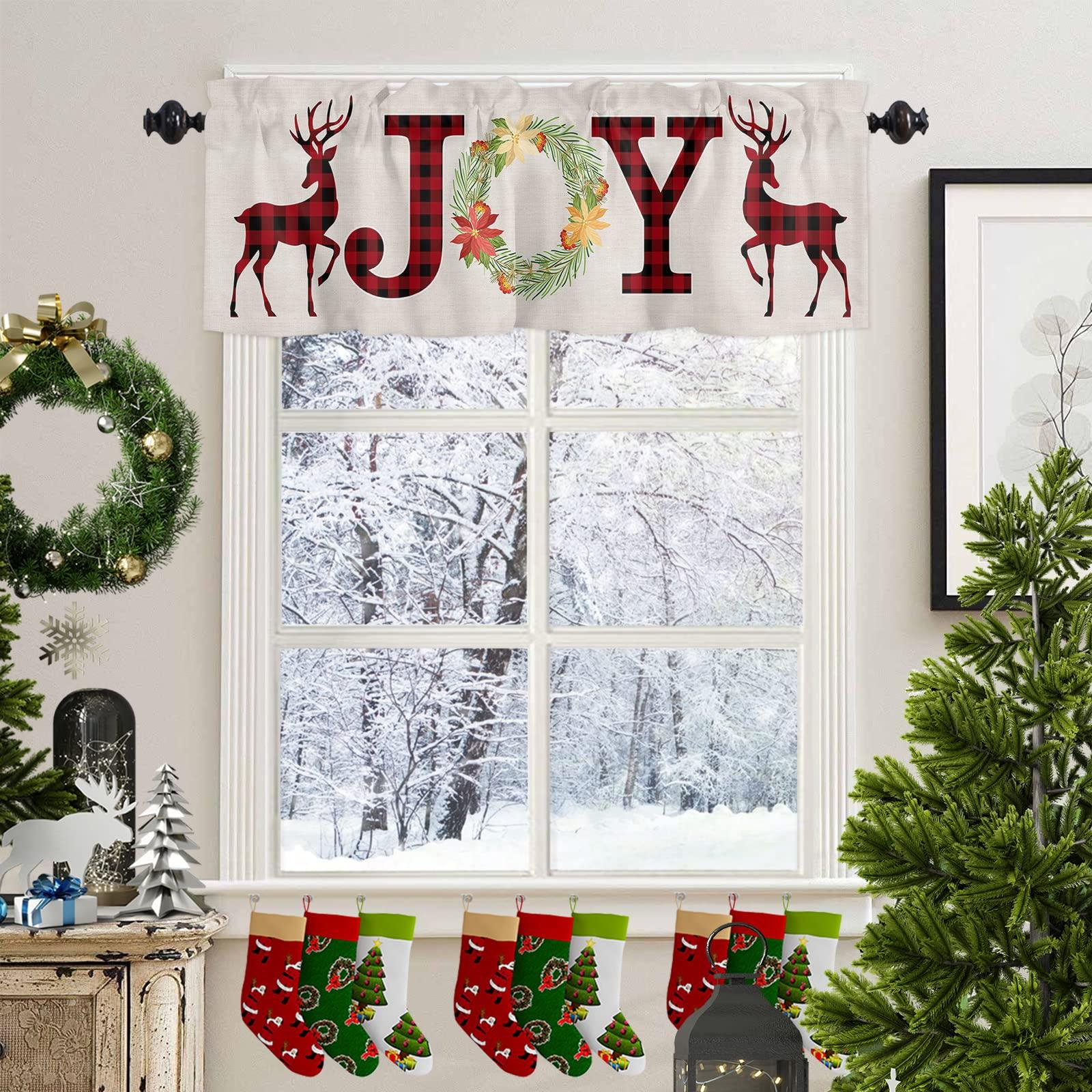 ZFUNCING Kitchen Valance for Windows Rod Pocket Curtain Valances Christmas Reindeer Silhouette Red Plaid Wreath Retro Linen Privacy Short Curtains Panels Window Treatment for Bathroom Xmas Joy Text 54x18in