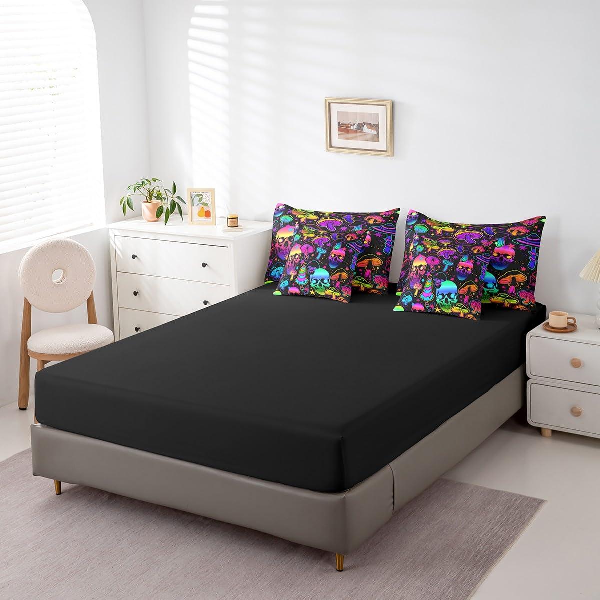 Erosebridal Erosebridal Sugar Skull Bed in a Bag Queen Comforter Set 7 Piece,Gothic Exotic Bone Bedding Sets Rainbow Mushroom Sheet Set with Comforter