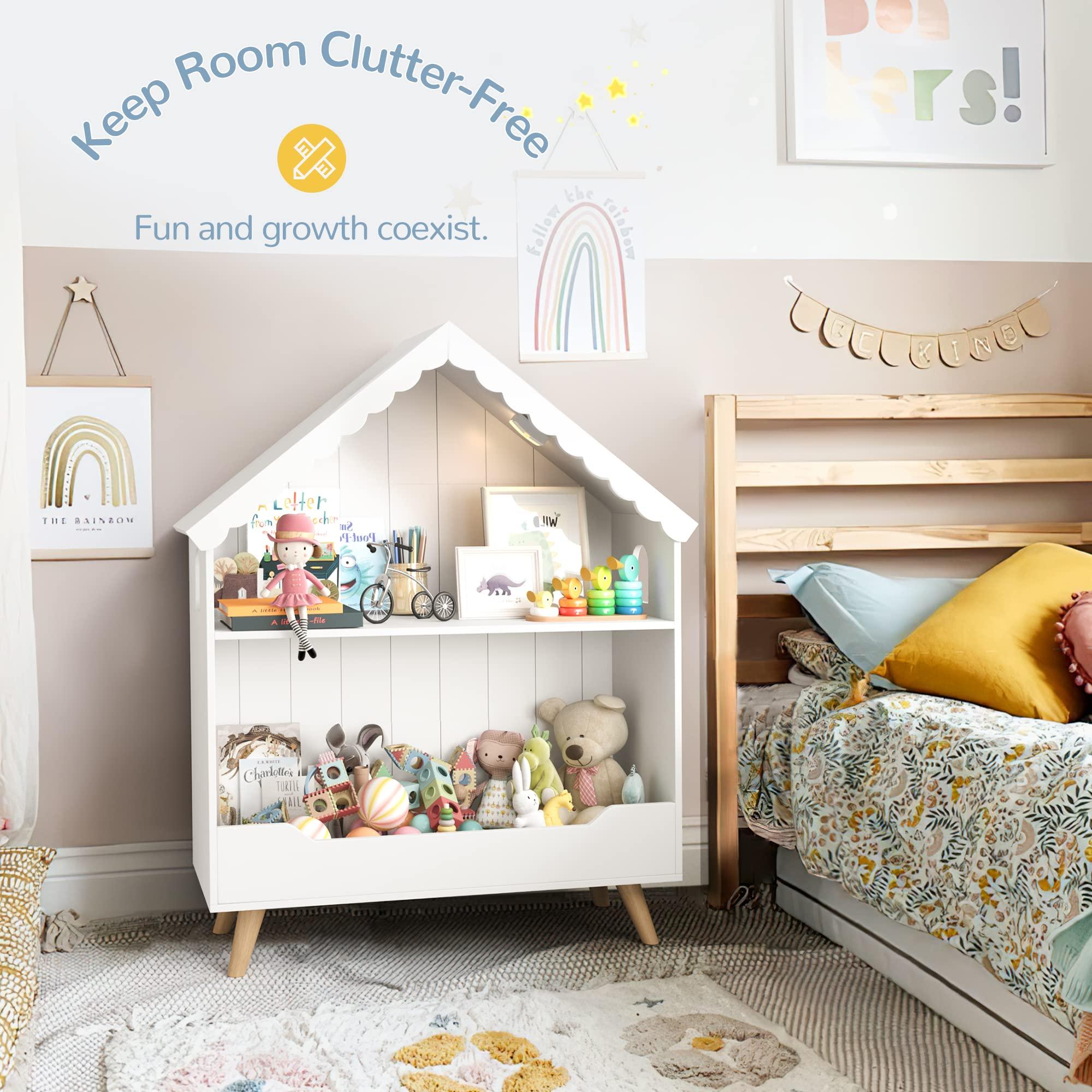 Curipeer Curipeer Kids Dollhouse Bookshelf, Wooden Bookcase Storage with Motion-Activated Light, 2-Tier Open Display Organizer for Toys and Books, Baby Bookshelf for Birthday, Christmas, White