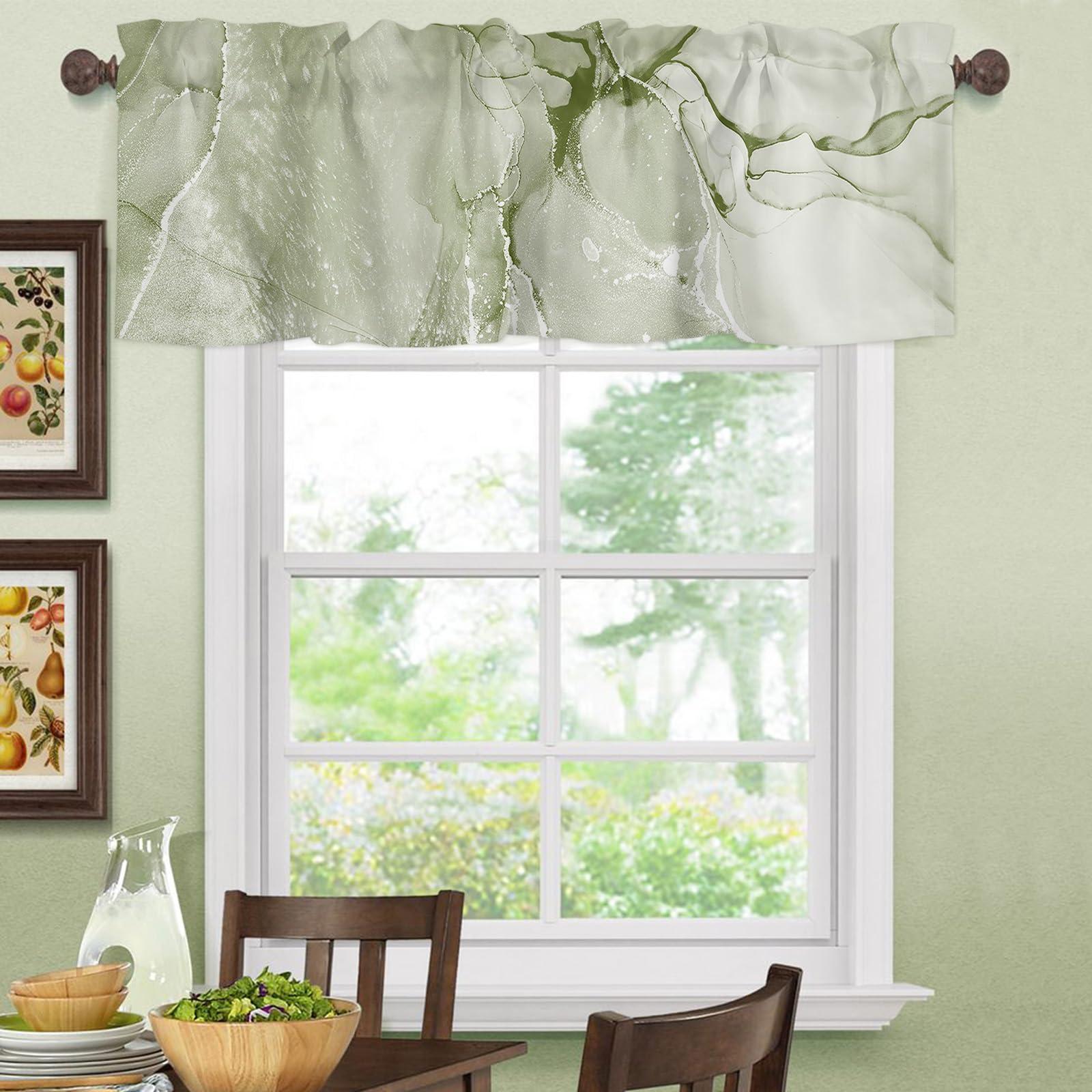 SODIKA SODIKA Sage Green Marble Valance for Windows Kitchen Living Room Valances Rod Pocket Bathroom Small Window Treatment Abstract Chic Elegant Watercolor Curtain 1 Panel, 54 x 18 Inch