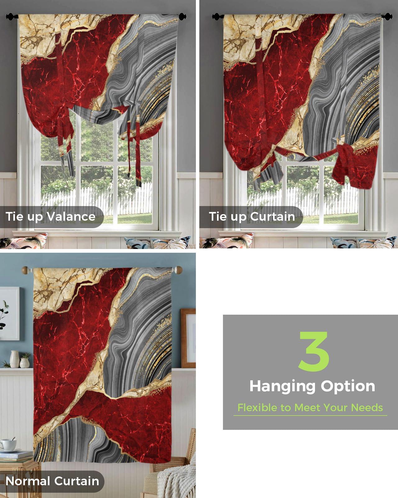 Yukro Tie Up Curtains Window Shades, Abstract Red Grey Gold Marble Rod Pocket Tie Up Window Shade, Adjustable Balloon Curtain Shade for Blinds Kitchen Bathroom, 1 Panel, 52"x45"