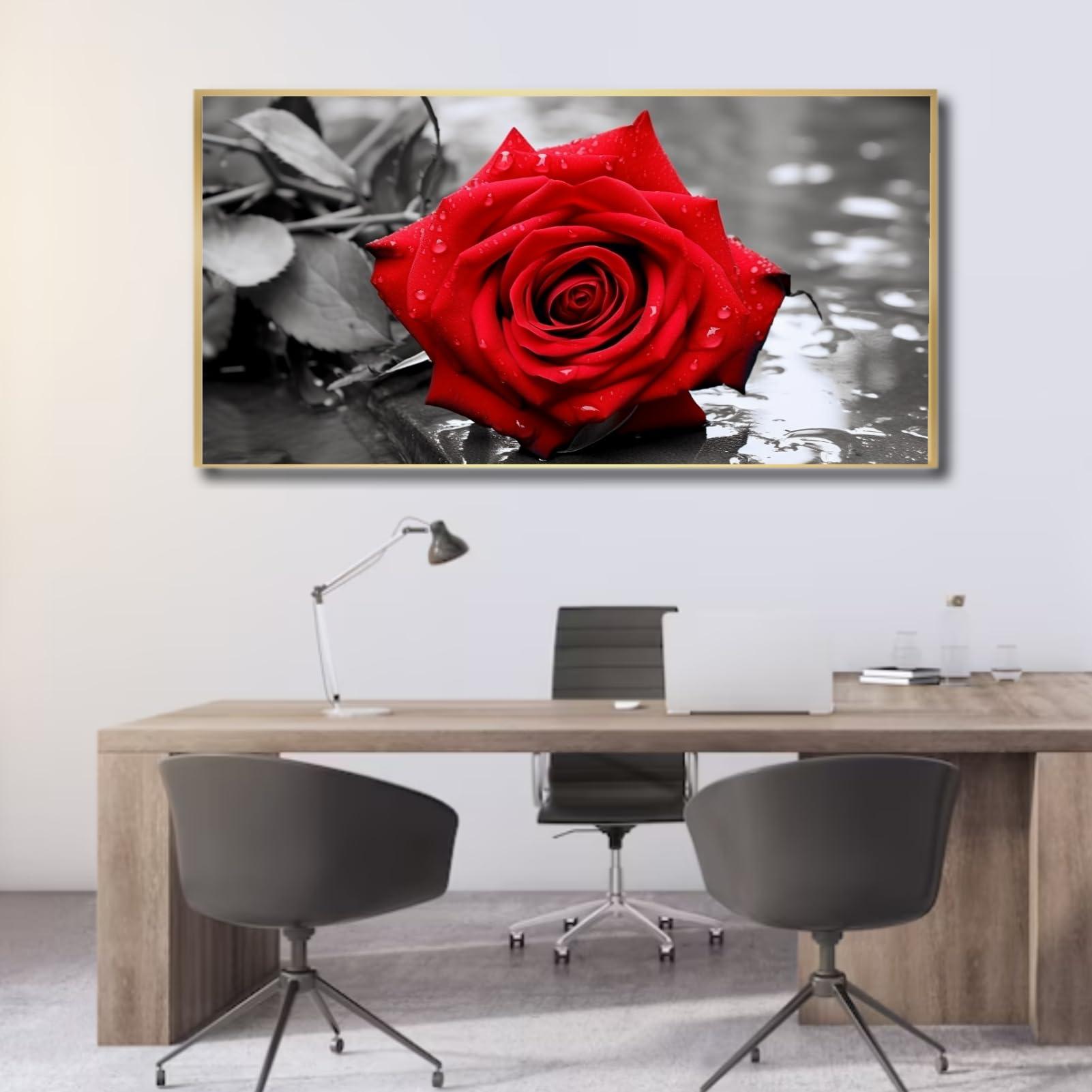 Feuwile Feuwile Red Roses Canvas Wall Art,Red Rose in Black And White Grayscale StyleCanvas Wall Art for Living Room Bedroom,Office(Gold Metal Frame 47" W x 23" H/120x60cm)