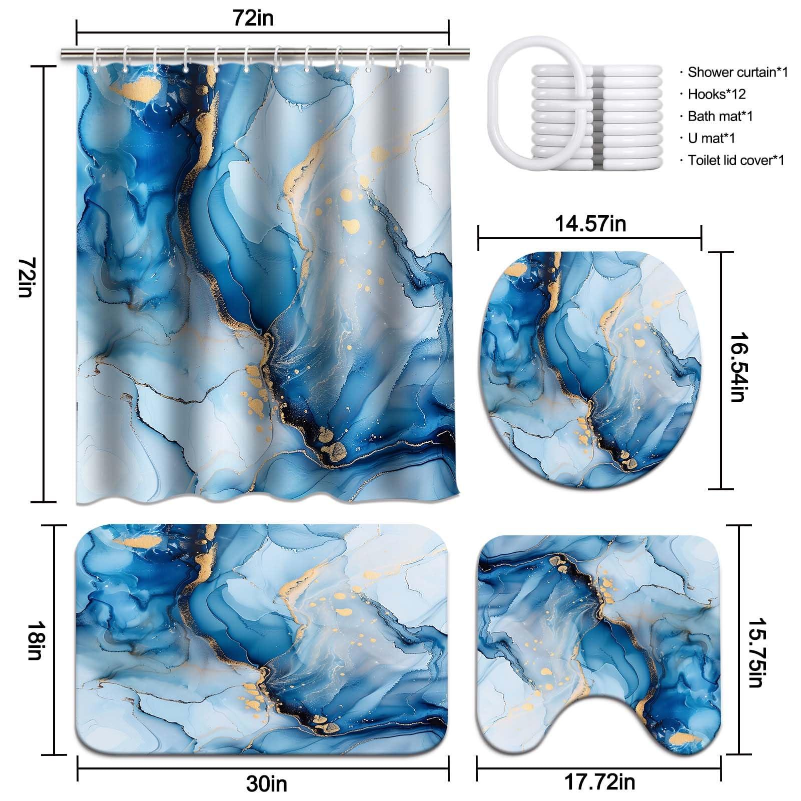 Lnond Lnond 4Pcs Bathroom Sets with Shower Curtain and Rugs, Marble Bathroom Shower Curtain Sets, Blue Gold Modern Art Bathroom Sets with Rugs and Accessories