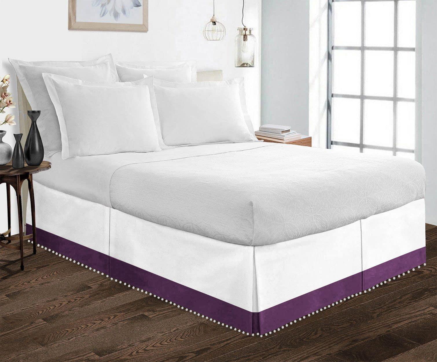 Kings Loft Kings Loft Pom Pom Two Tone BedSkirt 100% Egyptian Cotton 1000 Thread Count, Top-Knot Tassle White Pompom Fringe Solid Pattern, 10 Inch Drop Full Size, White/Plum Solid