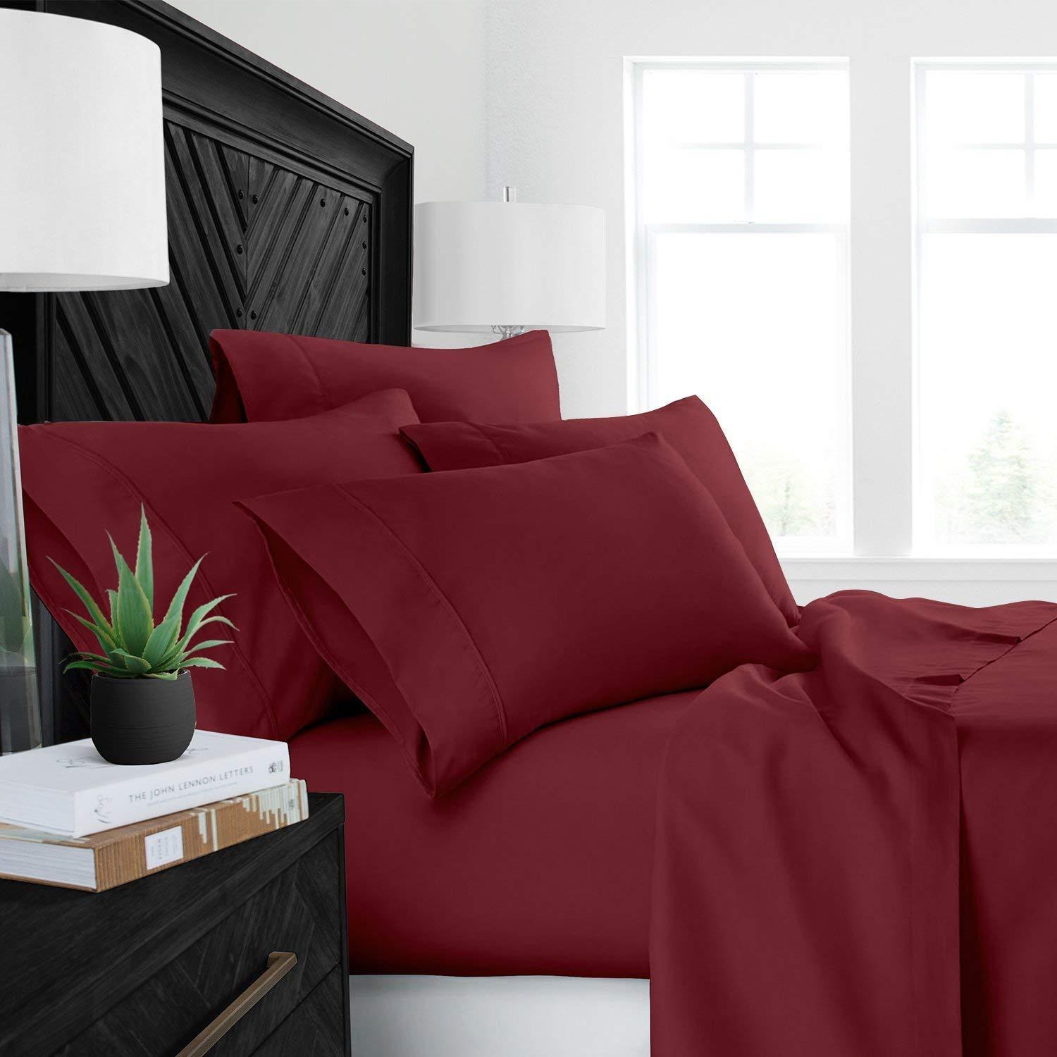 Myrtle Collection Myrtle Collection Solid Style Luxury 1800-TC Heavy Egyptian Cotton 4-PCs Sheet Set Fits 4-6 Inch Deep Pockets (1 Fitted, 1 Flat, 2 Pillowcase) Easy Care Bedding Set (Short Queen Size, Burgundy)