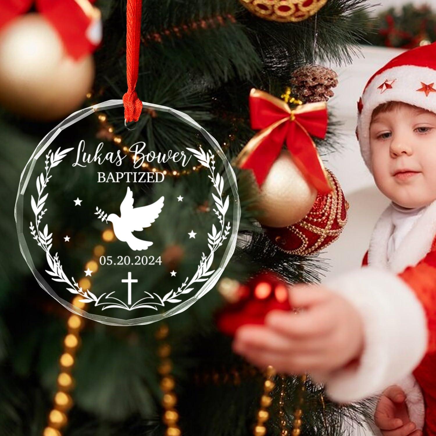 Cenluxy Baptized Glass Ornament Christmas, Personalized Baptism Ornament, Christening Xmas Ornament Gift for Godson Goddaughter from Godparents, Custom Name & Date Christening Ornament, Baby Baptism Ornament