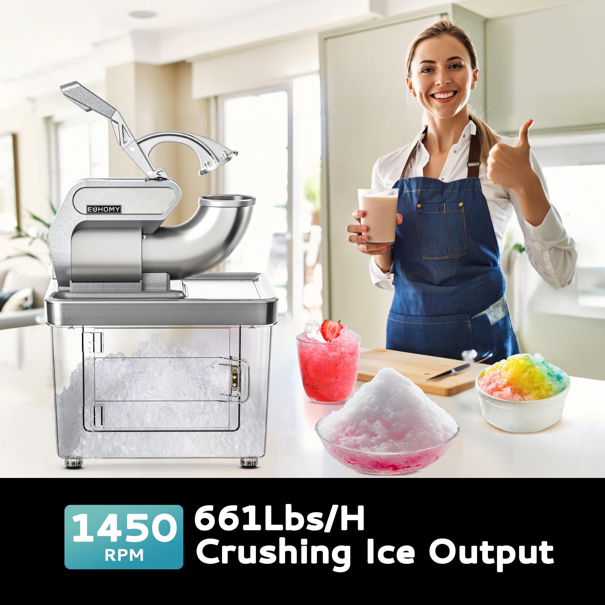 EUHOMY EUHOMY Commercial Ice Crusher, 661Lbs/H, ETL Approval, Snow Cone Machine with Dual Blades, Easy-to-Clean, 300W Electric Shaved Ice Machine with Safety Switch for Both Home & Commercial Use (Silver)