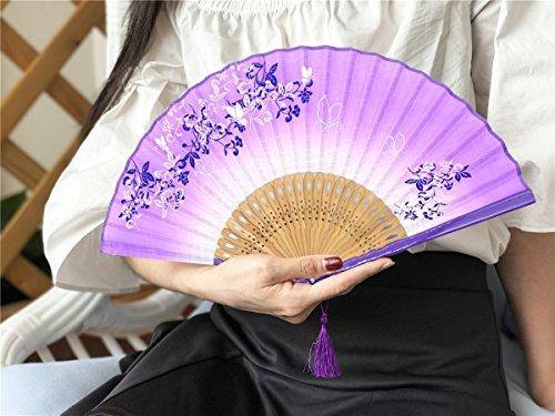 OMyTea OMyTea® 8.27"(21cm) Women Hand Held Silk Folding Fans with Bamboo Frame - with a Fabric Sleeve for Protection for Gifts - Chinese/Japanese Style Butterflies & Morning Glory Flowers Pattern (Purple)