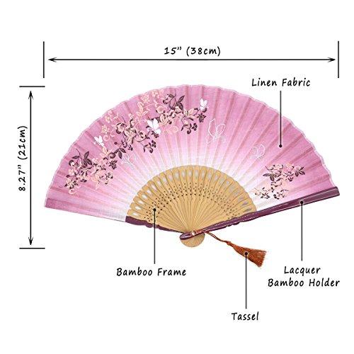 OMyTea OMyTea® 8.27"(21cm) Women Hand Held Silk Folding Fans with Bamboo Frame - with a Fabric Sleeve for Protection for Gifts - Chinese/Japanese Style Butterflies and Morning Glory Flowers Pattern (Red)