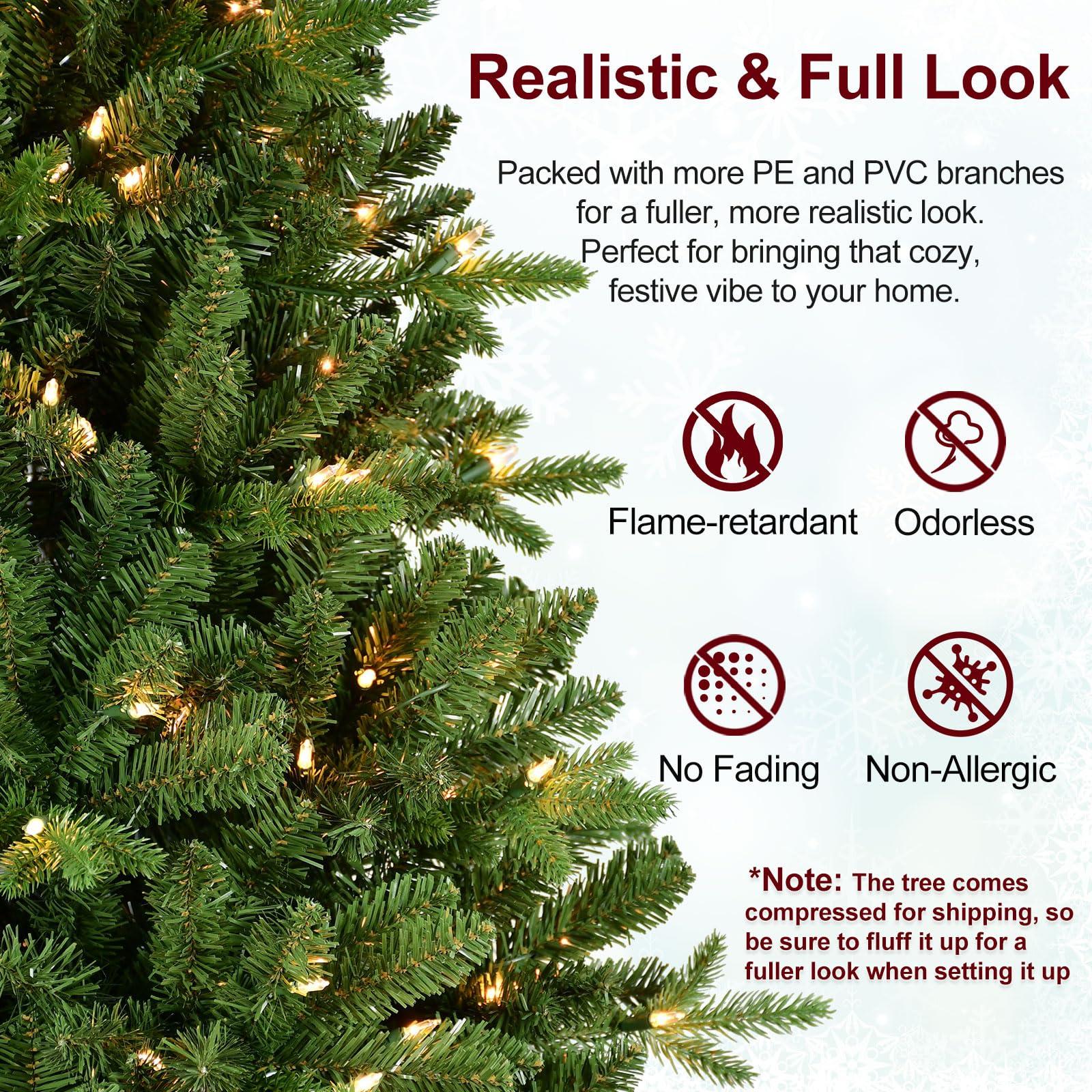 Treepool Treepool 9FT Pre-Lit Artificial Christmas Tree with 3658 PE&PVC Mixed Branch Tips, 850 Warm White Lights, Hinged Premium Spruce Fake Xmas Trees, Green, Foldable Base
