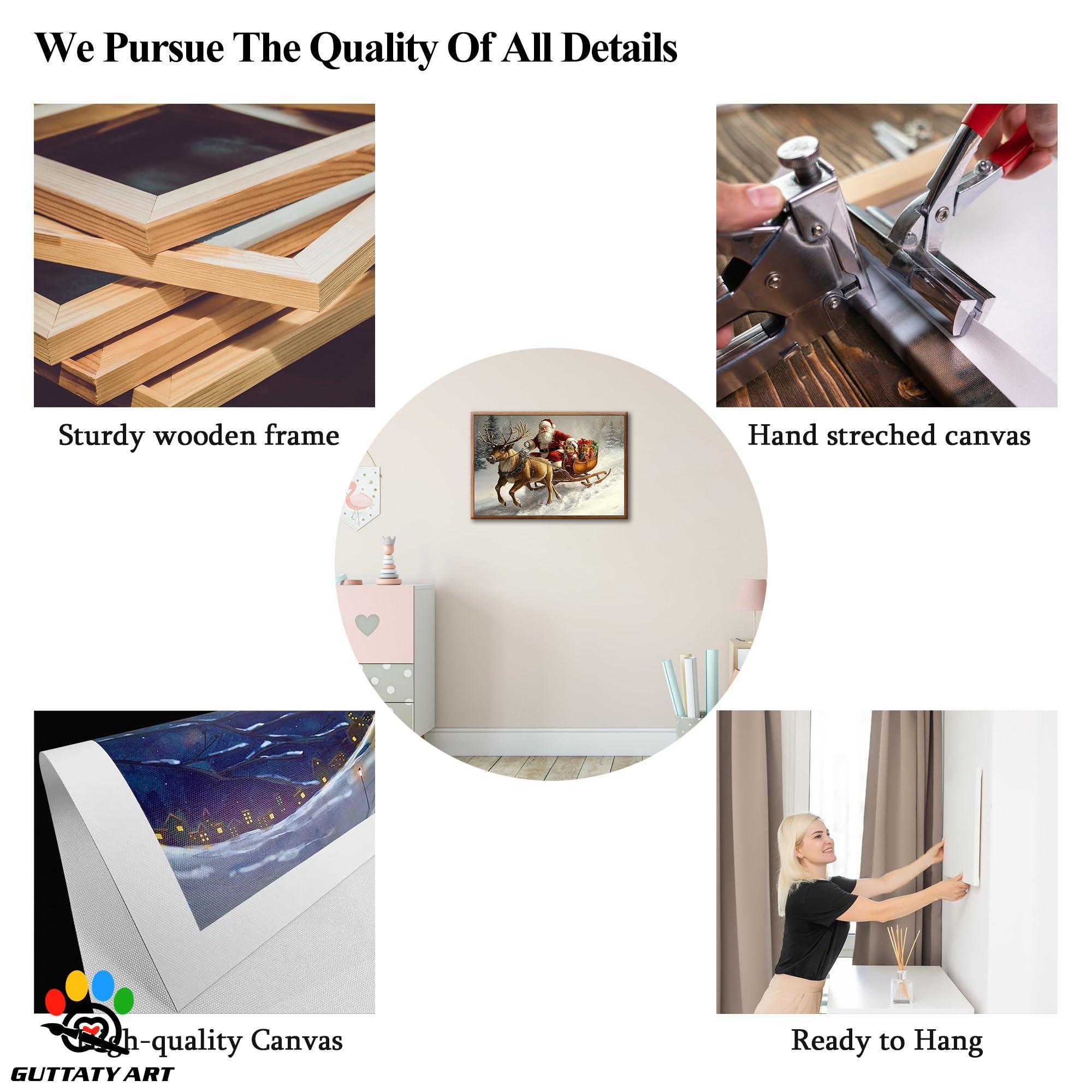 GUTTATY Christmas Santa Pictures Canvas Prints, Funny Christmas Eve Canvas Wall Painting, Santa Claus Rides a Reindeer Sleigh Hanging Artwork for Living Room, Bedroom, Nursery Fake Framed,28x40 Inch