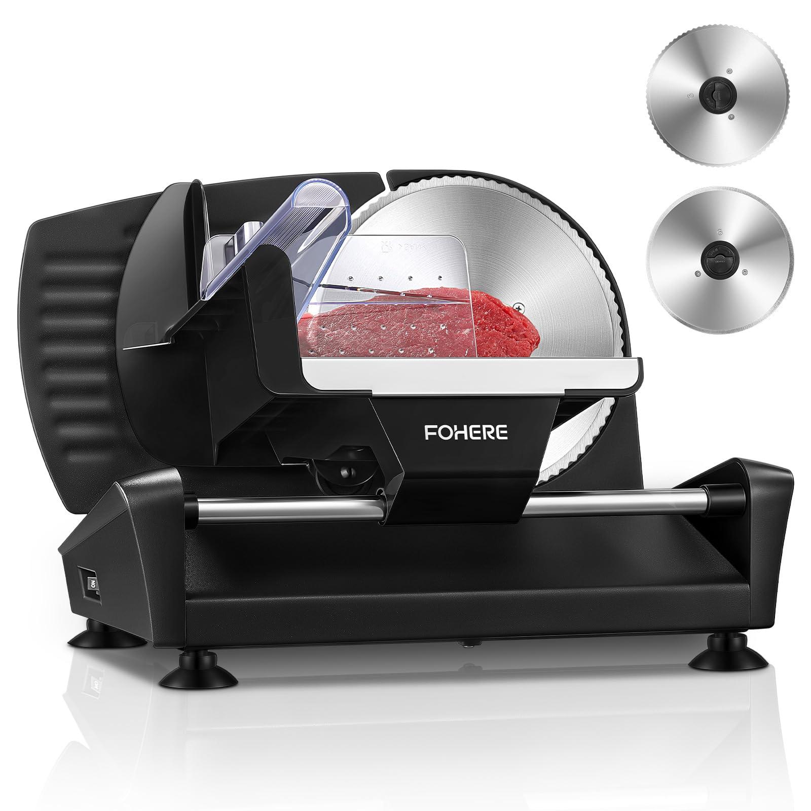 FOHERE FOHERE Meat Slicer for Home Use, 200W Electric Deli Food Slicer with Removable Two 7.5 Blades, 0-15 Precise Thickness Knob Cut Deli Food, Meat Ham Bread Fruit, Include Food Carriage, Black
