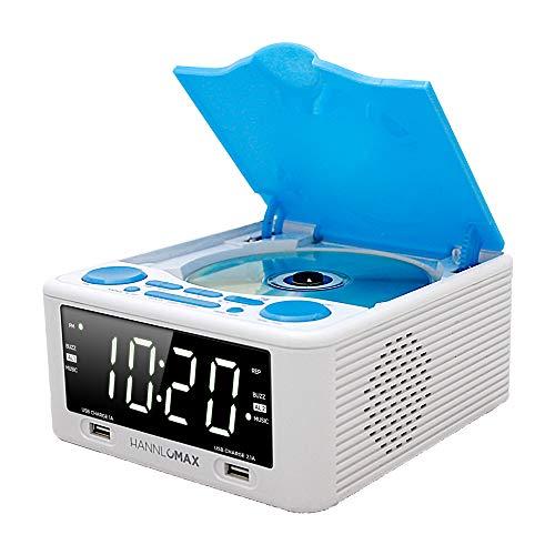 HANNLOMAX HANNLOMAX HX-300CD Top Loading CD Player, PLL FM Radio, Digital Clock, 1.2\" White LED Display, Dual Alarms, Dual USB Ports for 2.1A and 1A Charging, AC/DC Adaptor Included (White_Blue)