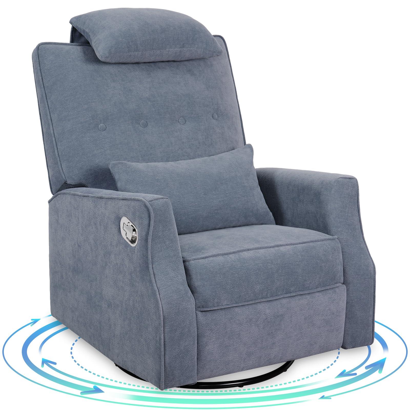 DIFYHOMEY DIFYHOMEY Nursery Swivel Glider Recliner Chair Chenille Upholstered Accent Glider Rocker Recliner with Headrest and Lumbar Support Pillow for Nursery Living Room Bedroom (Blue)