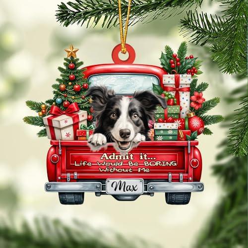 FAMITRENDZ FAMITRENDZ Personalized Border Collie Dog On Red Truck Ornament, Custom 2D Flat Shape Border Collie Dog Name Ornament, Dog Christmas Ornament, Dog Lover Gift, Christmas Tree Decor