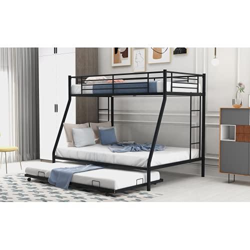 TOPAMZER Twin Over Full Bunk Bed with Trundle, Metal Bed Frame with 2 Ladders No Box Spring Needed, for Adult Boys Girls (Black)