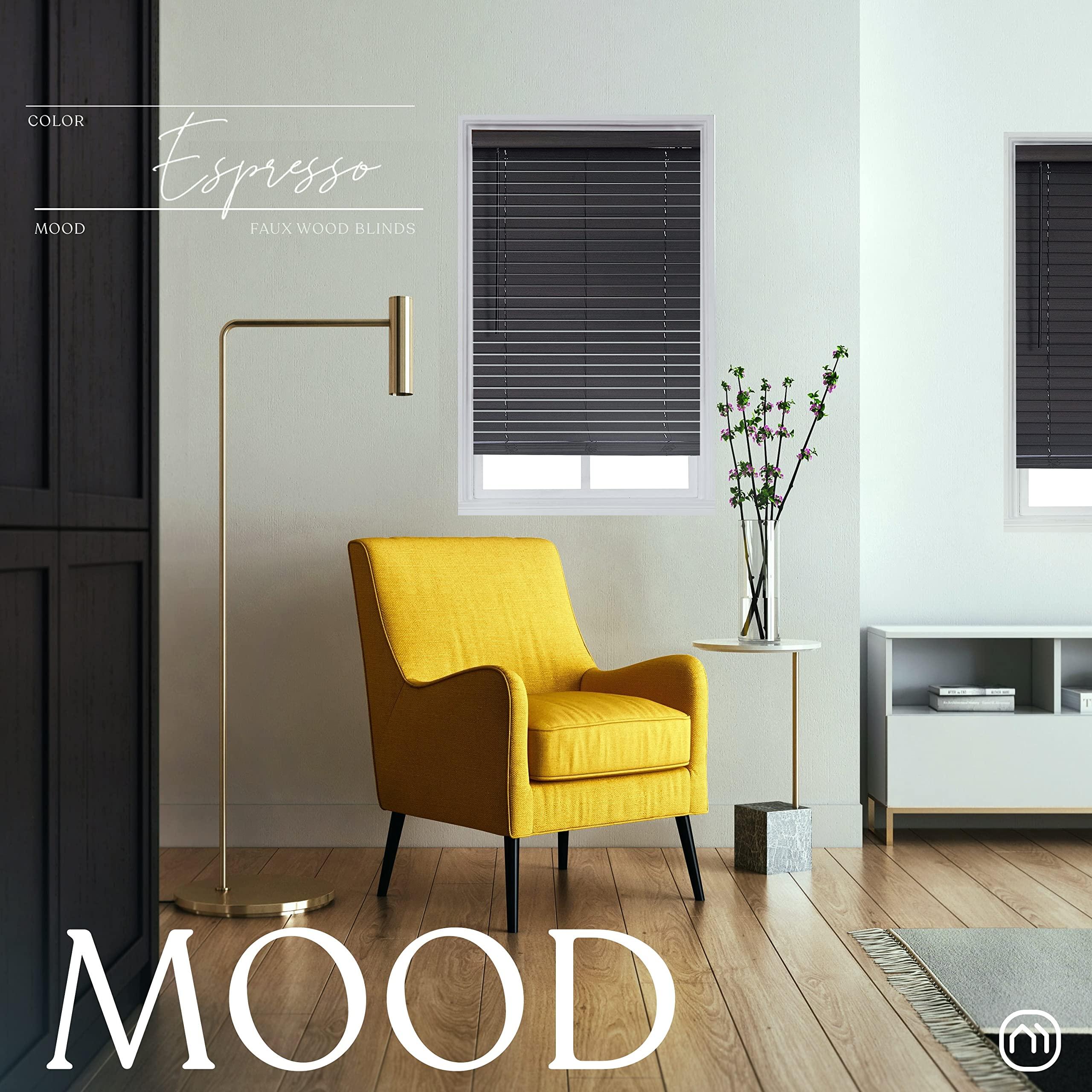 Mood MOOD Architectural Faux Wood Window Blinds | Driftwood Dark Brown 2 inch Expresso Wooden Blinds | 25.5 inch Wide Blinds for Windows | Custom Made Cordless Blackout | Espresso | 25.5" Wide x 72" Tall