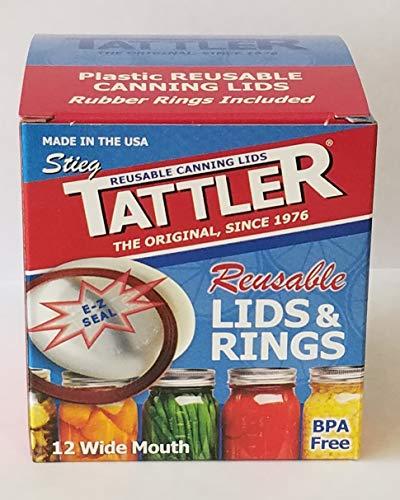 TATTLER REUSABLE CANNING LIDS THE ORIGINAL, SINCE Authentic Tattler E-Z Seal Reusable Canning Lids - Wide Mouth - 1 Dozen (12) Plastic Lid/Rubber Ring - MADE IN THE USA!