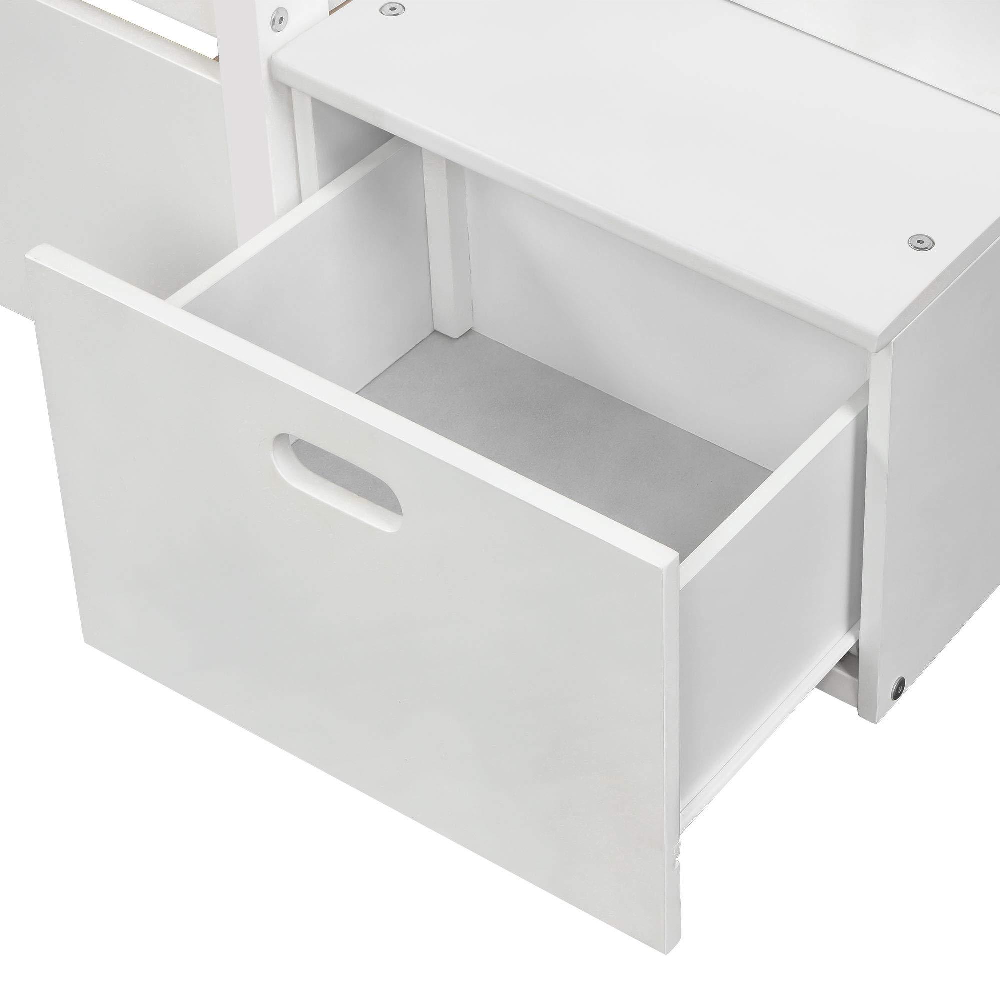 KLMM Twin Over Twin/Full Bunk Bed with Trundle Bed, Can be Split into Two beds, Kids Teens Solid Wood Bunk Bed Frame with Stairs Guardrail Locker Bedroom Furniture (White-Twin/Full)