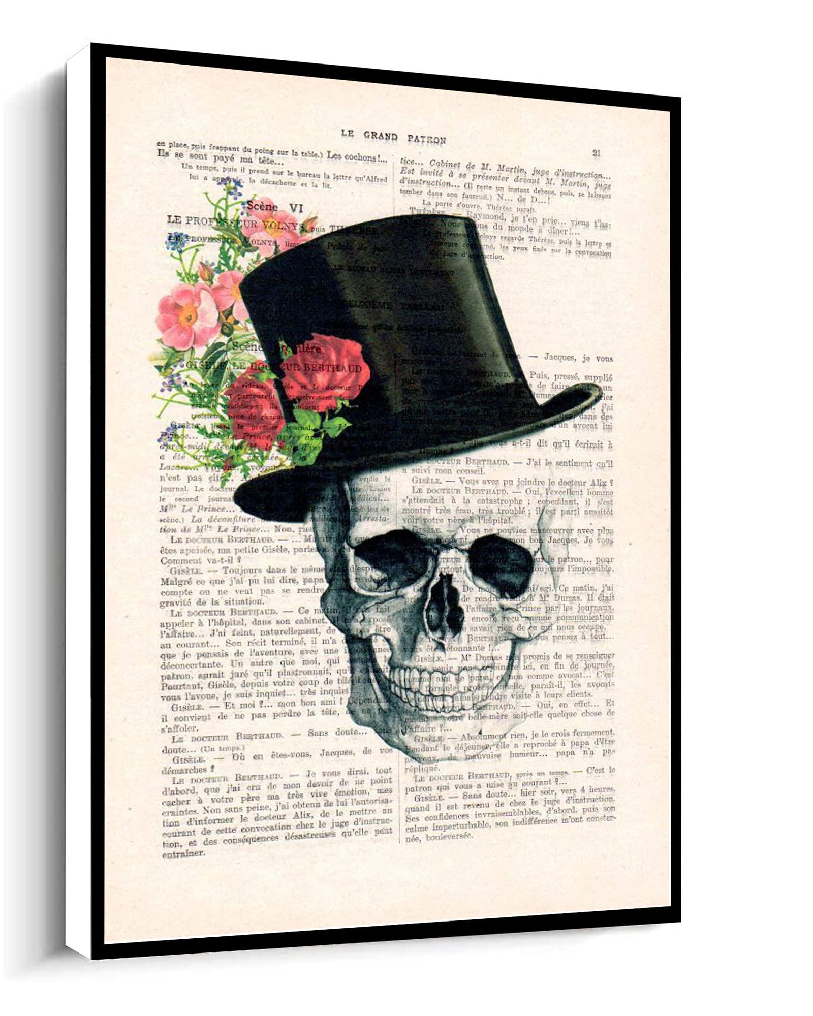 MUSAPILUX MUSAPILUX Skull Flower Print,Day Of The Death Vintage Dictionary Art Print,Halloween,Gift For Him,Gothic Rose Canvas wall art For living room bedroom office home decoration artwork 12\"x16\"Framed