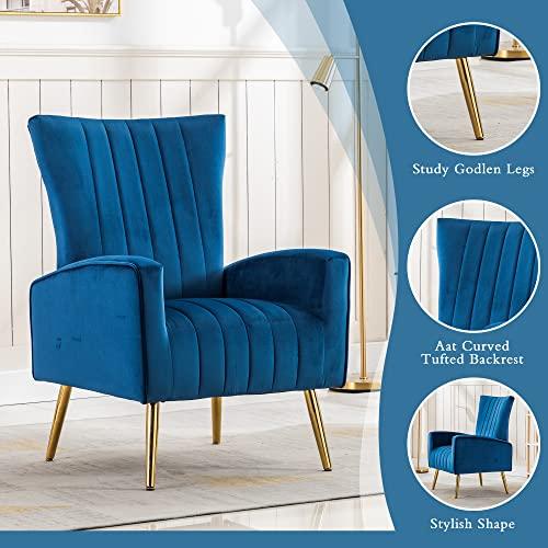 LSSPAID LSSPAID Velvet Accent Chairs Set of 2, Modern Fabric Upholstered Living Room Chairs Armchairs with Wing Back and Metal Legs, Navy Blue