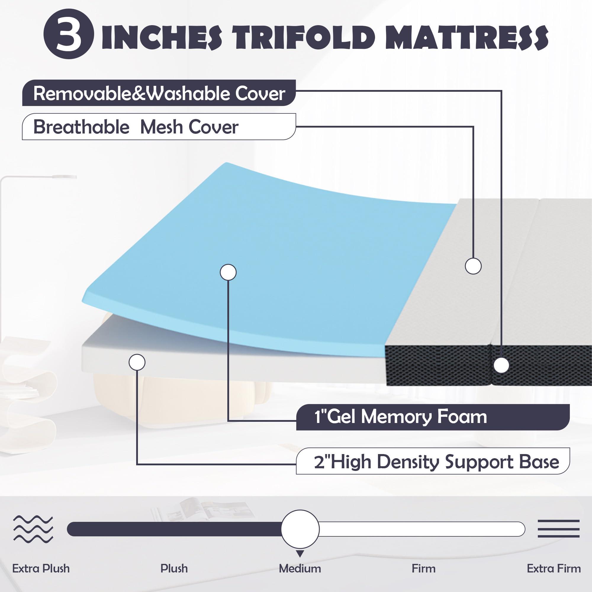 YIQIEDEY YIQIEDEY Folding Mattress,3 inch Tri Fold Memory Foam Mattress Topper,Portable Foldable Mattress Topper with Washable Cover,Non-Slip Bottom for Camping,Guest,Queen,78\"x58\"x3\"