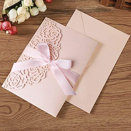 KUCHYNEE KUCHYNEE 5.1x7.1 Inch 20PCS Blush Pink Blank Wedding Invitation Kits Laser Cut Hollow Rose Pocket Wedding Invitations with Envelopes For Wedding Quincenera Engagement Invite