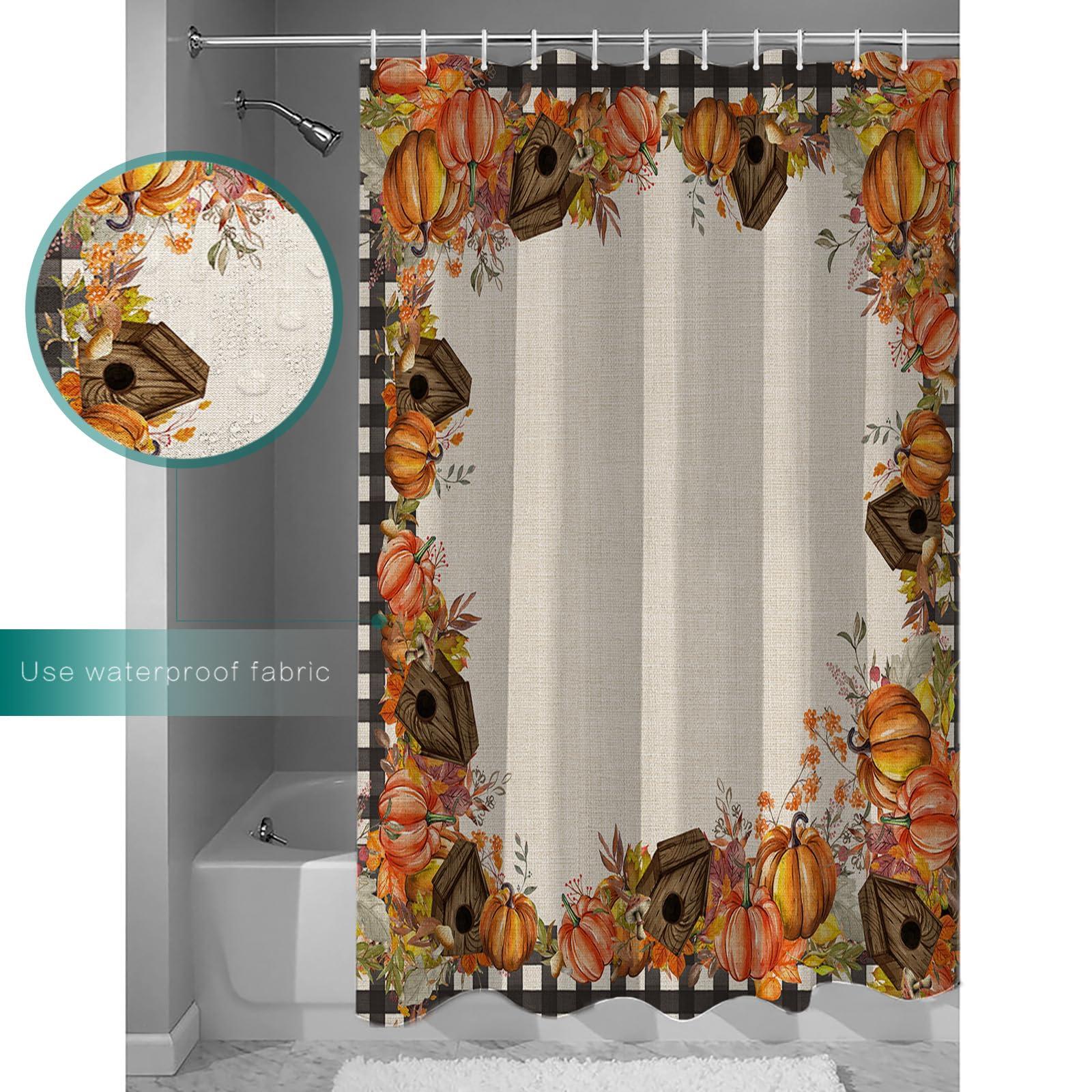 ZOE GARDEN Thanksgiving Autumn Shower Curtain Set with Hook 36\"x72\",Washable Cloth Polyester Fabric Shower+Curtain,Waterproof Bath Curtains for Bathroom,Bathtubs Accessories Farmhouse Pumpkin Mushroom Leaves