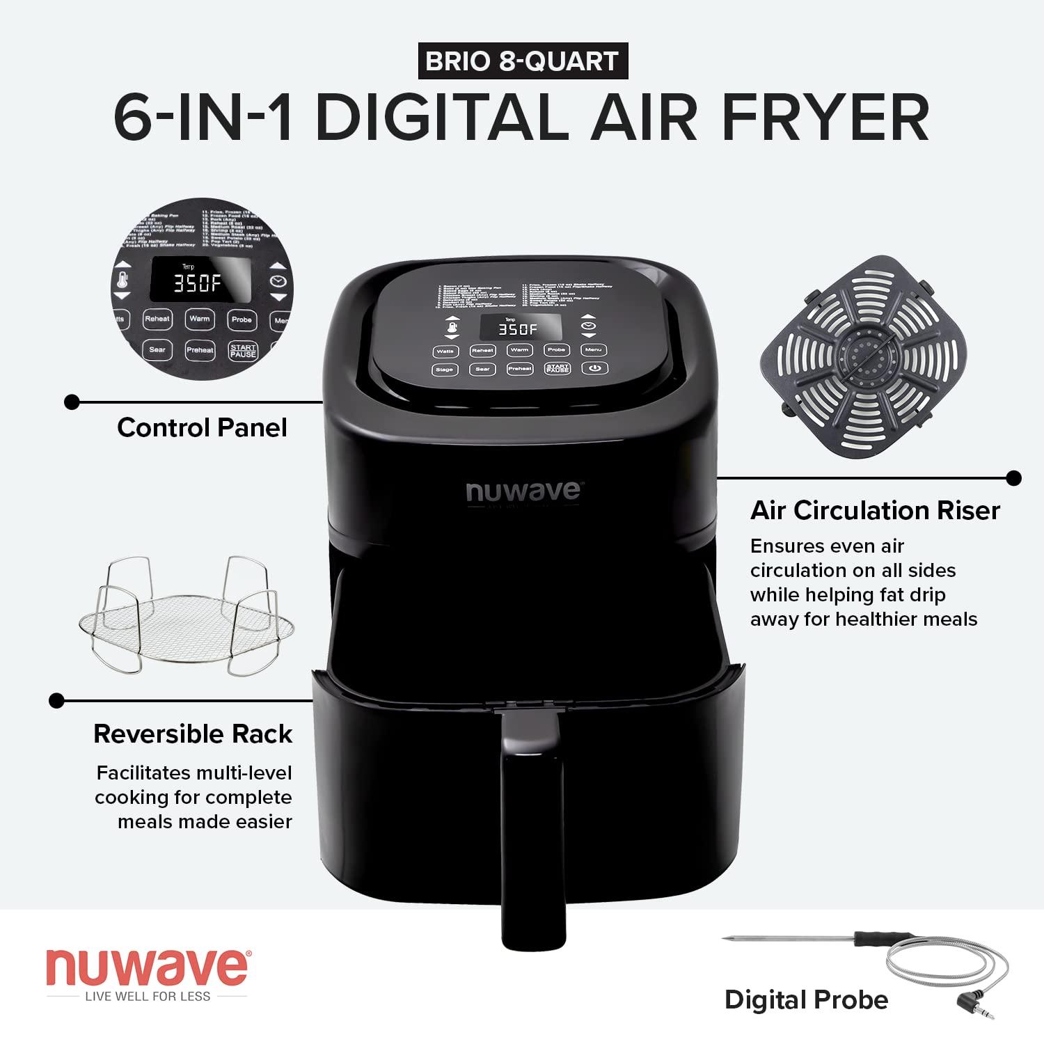 Nuwave Nuwave Brio 8-Qt Air Fryer, Powerful 1800W, Easy-to-Read Cool White Display, 50-400F Temp Controls, 100 Pre-Programmed Presets & 50 Memory Slots, Integrated Smart Thermometer, Linear T Technology