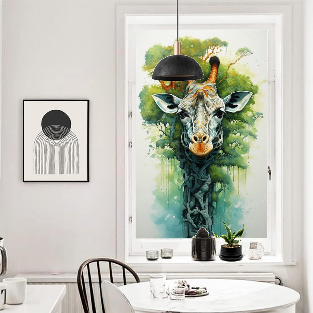 SOPIYRIO SOPIYRIO Abstract Giraffe Stained Glass Window Film Colourful Tree Interesting Animal Privacy Window Film Non-Adhesive Glass Film Decorative Static Cling Film for Home Office 31.5Wx55.1L inch