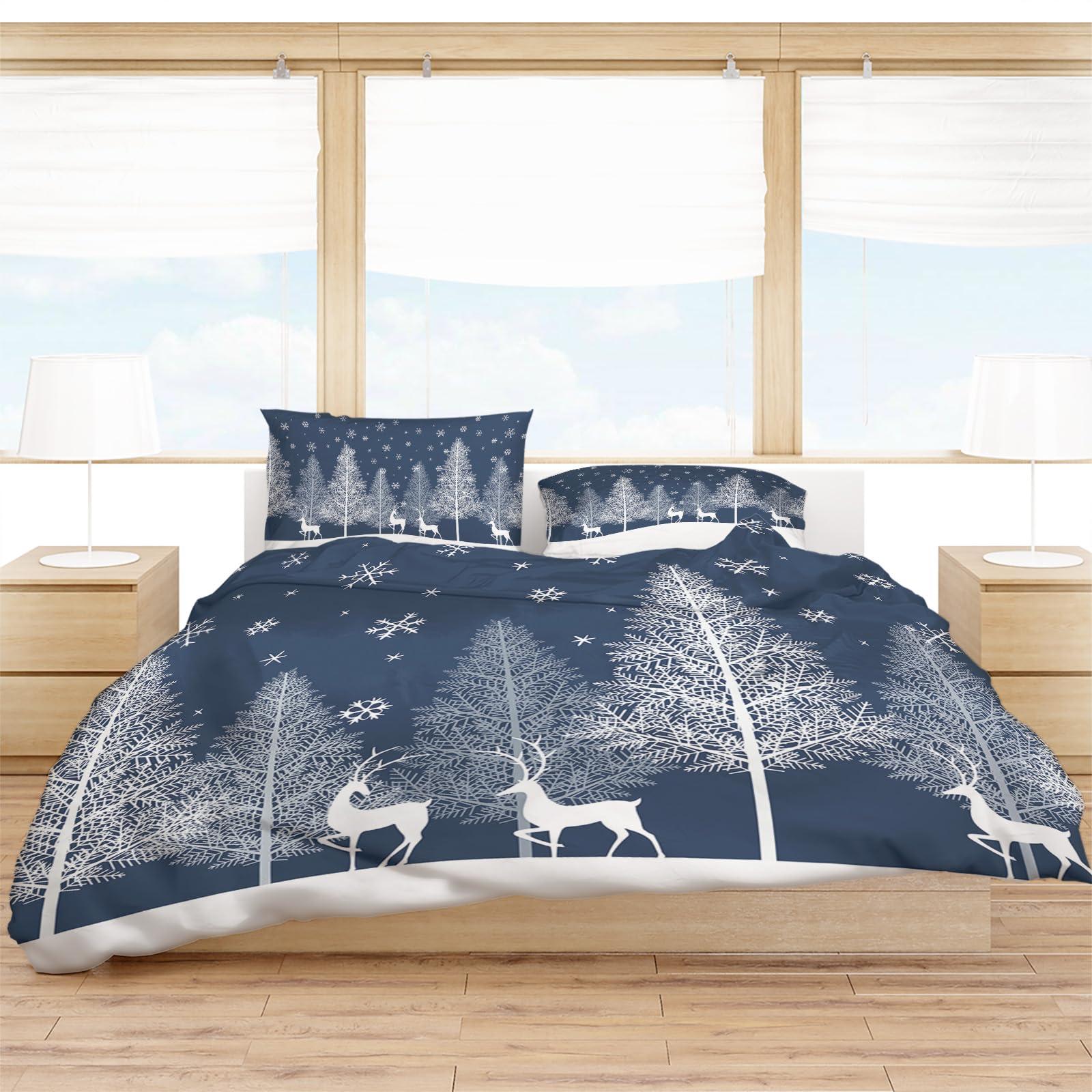 Debedcor Blue Christmas Tree Duvet Cover Queen Size, Xmas Elk Winter Snowflake Comforter Cover with Zipper Closure, 3 Piece Bedding Sets 1 Duvet Cover 90x92 Inches and 2 Pillow Shams