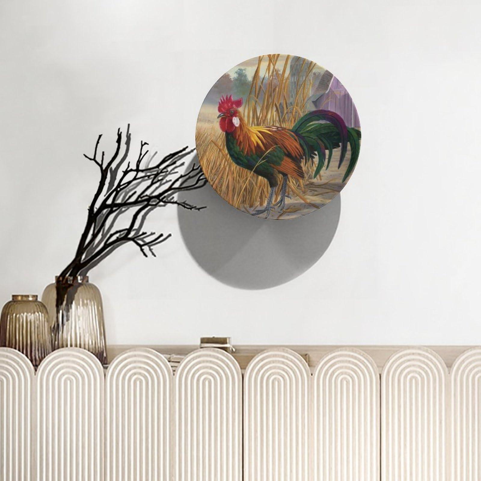 Bictucem Rooster Decorative Ceramic Plates, 6 Inch, Chicken In Rice Field Round Display Plate, Handmade Ceramic Ornament, Ceramic Craft for Wall Hanging Decorative