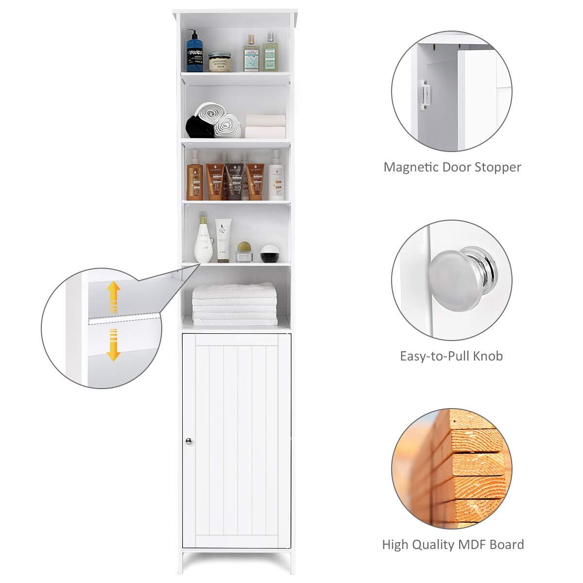 Tangkula Tangkula Slim Tall Bathroom Storage Cabinet, 72" H Floor Standing Tower Cabinet with Adjustable Shelves & Cupboard with Door, Space Saving Narrow Storage Cabinet for Bathroom (White)