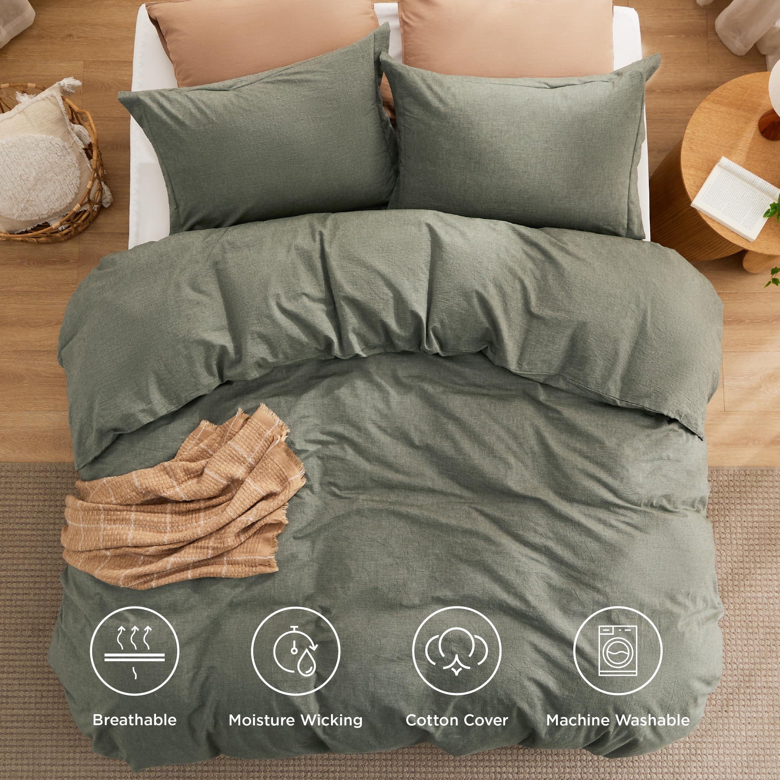 Bedsure Bedsure Comforter Set King Size - Cotton Fabric with Microfiber Inner Fill, Grayish Olive Green Soft Bed Set for All Seasons, 3 Pieces, 1 Comforter (104\" x 90\") and 2 Pillow Cases (20\" x 36\")