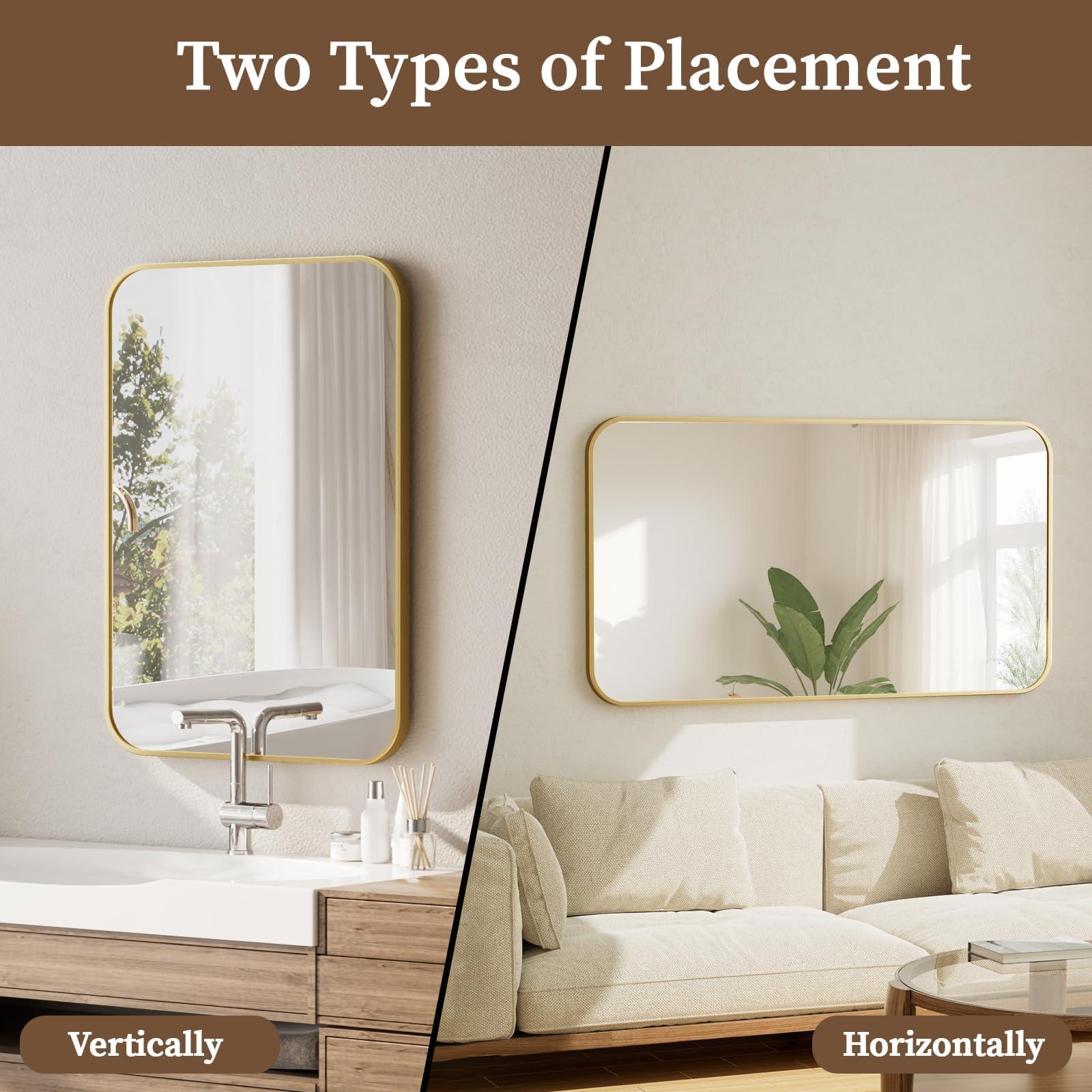 BEAUTYPEAK BEAUTYPEAK 26" x 38" Rectangular Aluminum Alloy Frame Wall Mounted Bathroom Mirror with Rounded Corners, Gold