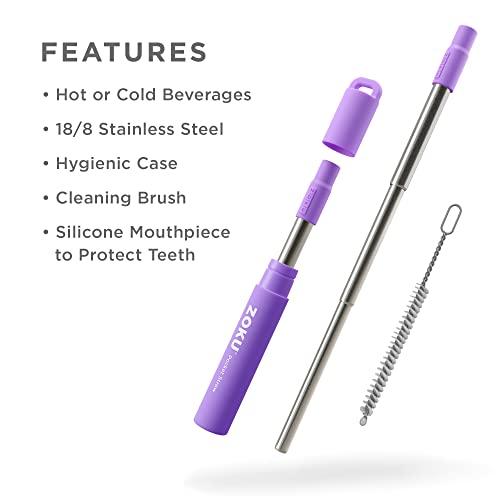 ZOKU ZOKU Reusable Metal Straw with Case for Travel, Purple - Collapsible Stainless Steel Drinking Straw with Silicone Tip and Cleaner Brush, Ideal for Key Chains, Pockets, Purses