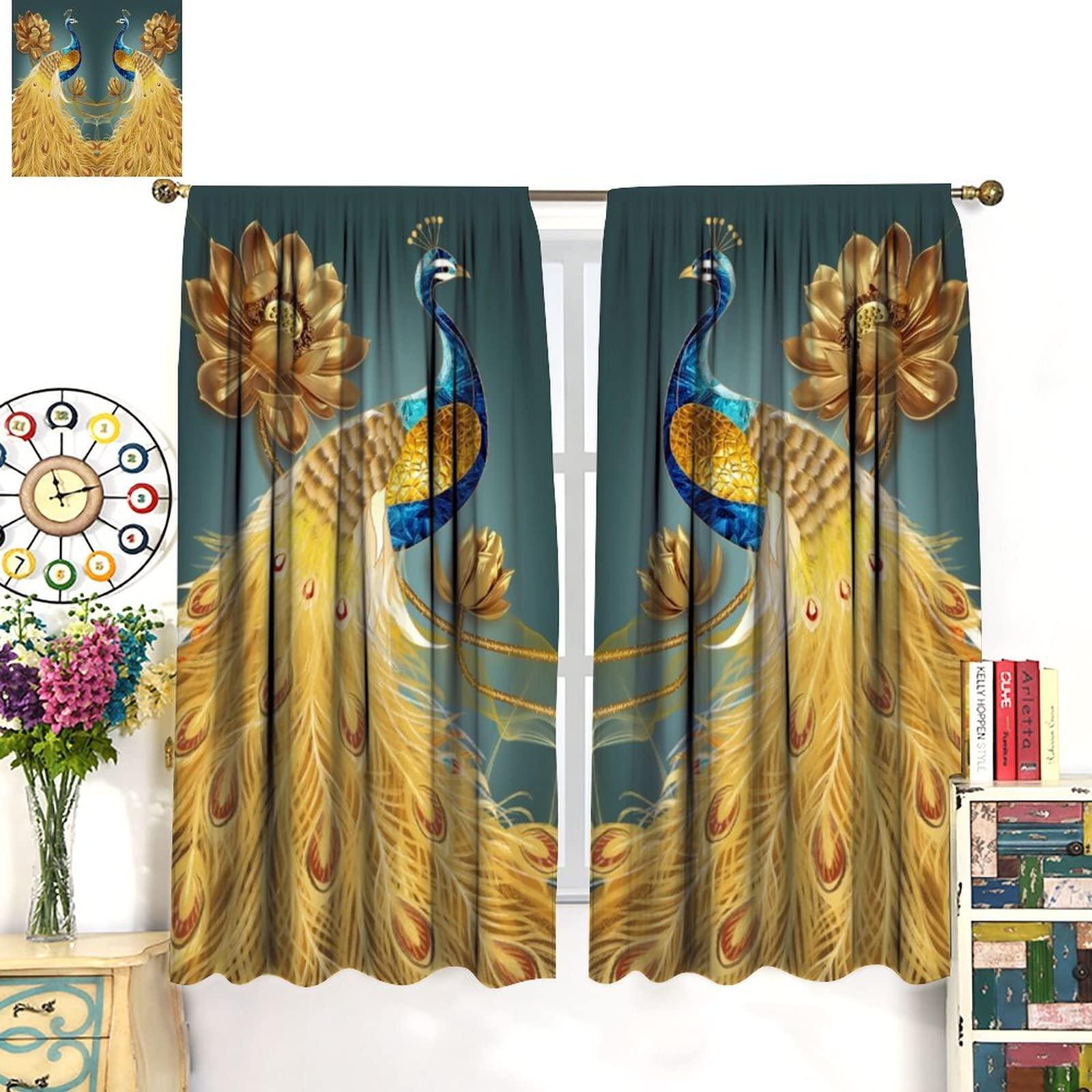 AuiMzoo Peacock Blackout Curtains, Beautiful Blue and Gold Peacock Standing On Golden Lotus, Women Bedroom Living Room Curtains 2 Panel Set, 42x45 Inch