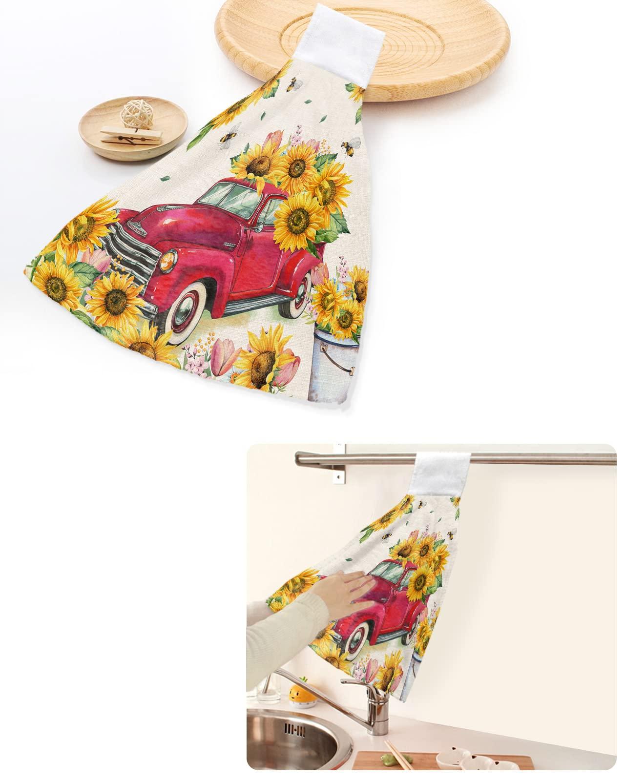 Jolunifun Spring Red Truck Bee Floral Kitchen Hand Towels with Hanging Loops,Super Soft Fingertip Dry Microfiber Tie Dish Towel Absorbent Cleaning Washcloth for Bathroom,Kitchen Summer Sunflower Sunshine Flower
